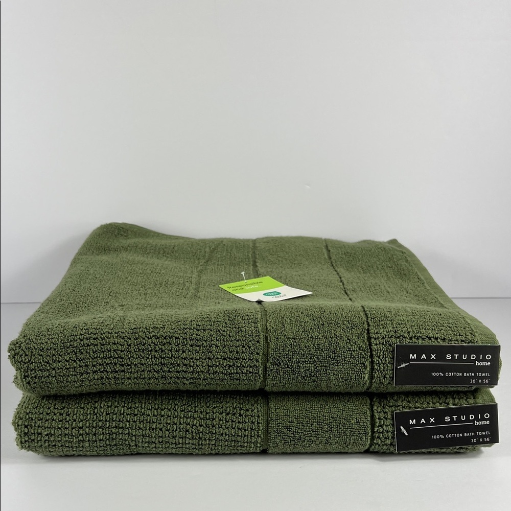 2 Pc Max Studio Bath Towel Set Olive Green Plush 100% Cotton 30" x 56" NEW